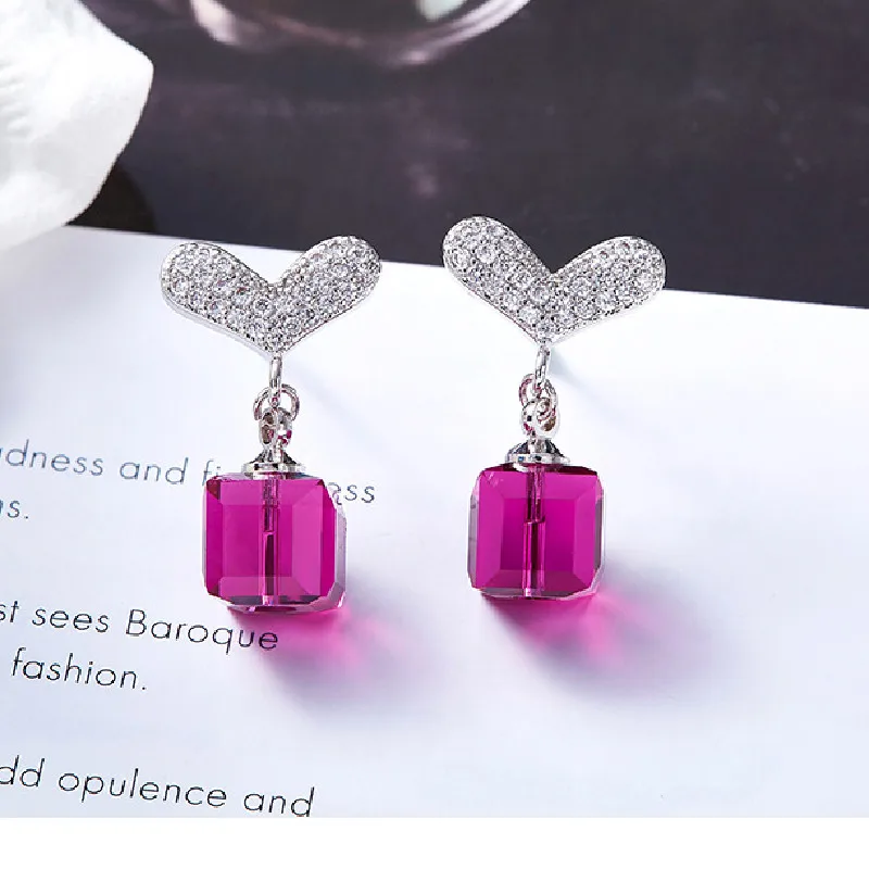 The New Style Adopts Environmental Protection Copper 925 Silver Needle Natural Crystal AAA Zircon  Sugar Cube Earrings