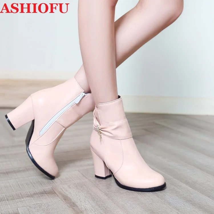 ASHIOFU 2020 New Arrival Women's Thick-heel Boots Crystals Real Photos Party Prom Ankle Booties Large Size Fashion Winter Boots