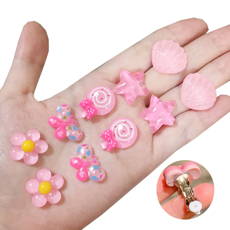 clip on earing girls children Pink jewelry child clip earrings Butterfly Shell Star flower ear clip for kids gift 5 Pairs