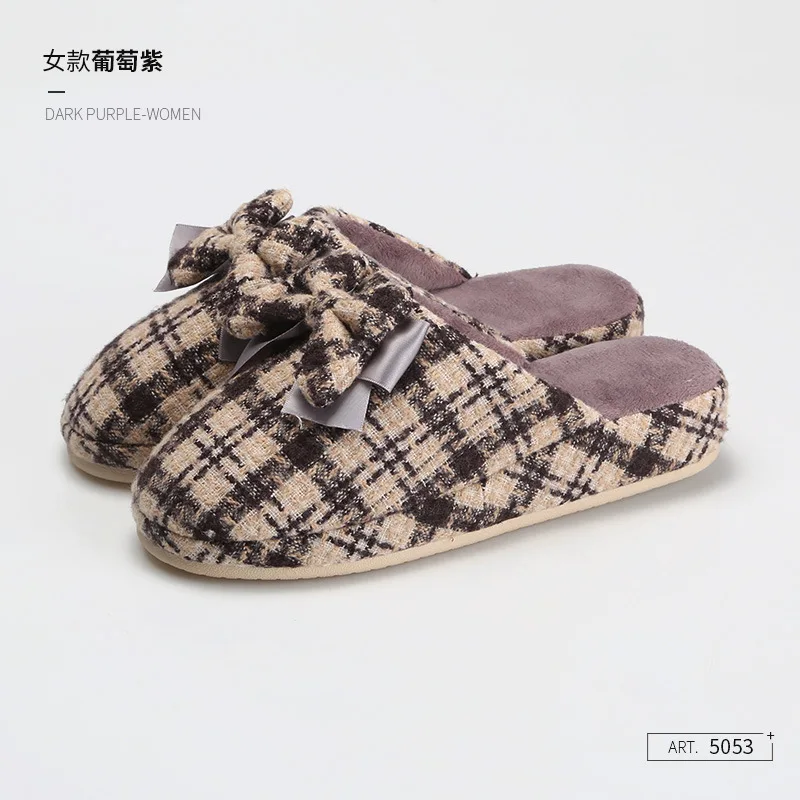 Fall/winter Slope Heel Cotton Slippers Ladies Home Indoor Non-slip Thick-soled Warm Bowknot Plush Cotton Shoes Household