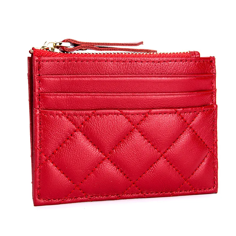 Genuine Leather Coin Purse Female Small Wallet Women Change Purse Thin Card Holder Wallet Men Zipper Plaid Purses For Women New