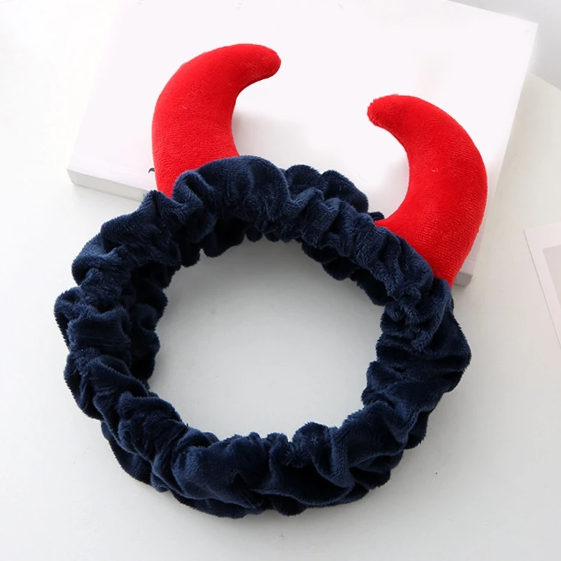 Plush Red Ox Devil Demon Horns Headband Makeup Shower Wash Face Sport Velvet Hair Band Funny Festival Party Bandana