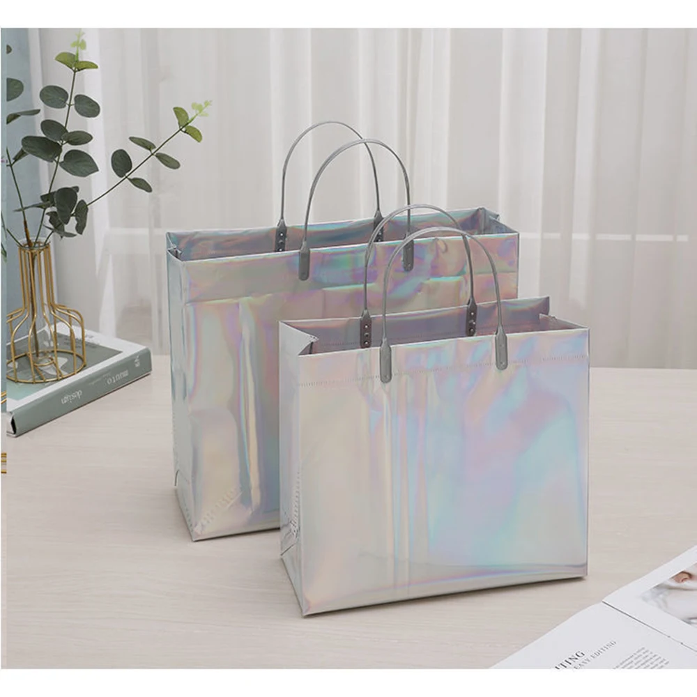 PVC Laser Tote Bag for Women Beach Waterproof Thick Handbag Portable Clothing Makeup Shopping Bag Tote Eco Handle Bags S/M/L