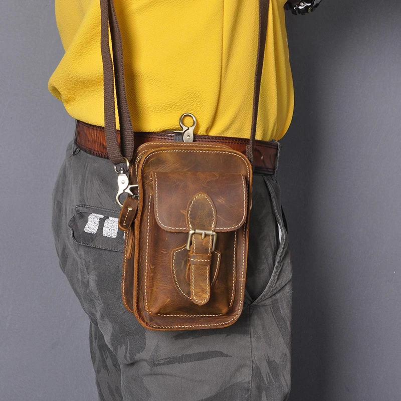 Quality Leather men Casual Design Fashion Multi-Function Hook Bum Messenger Bag Fanny Waist Belt Pack  6\