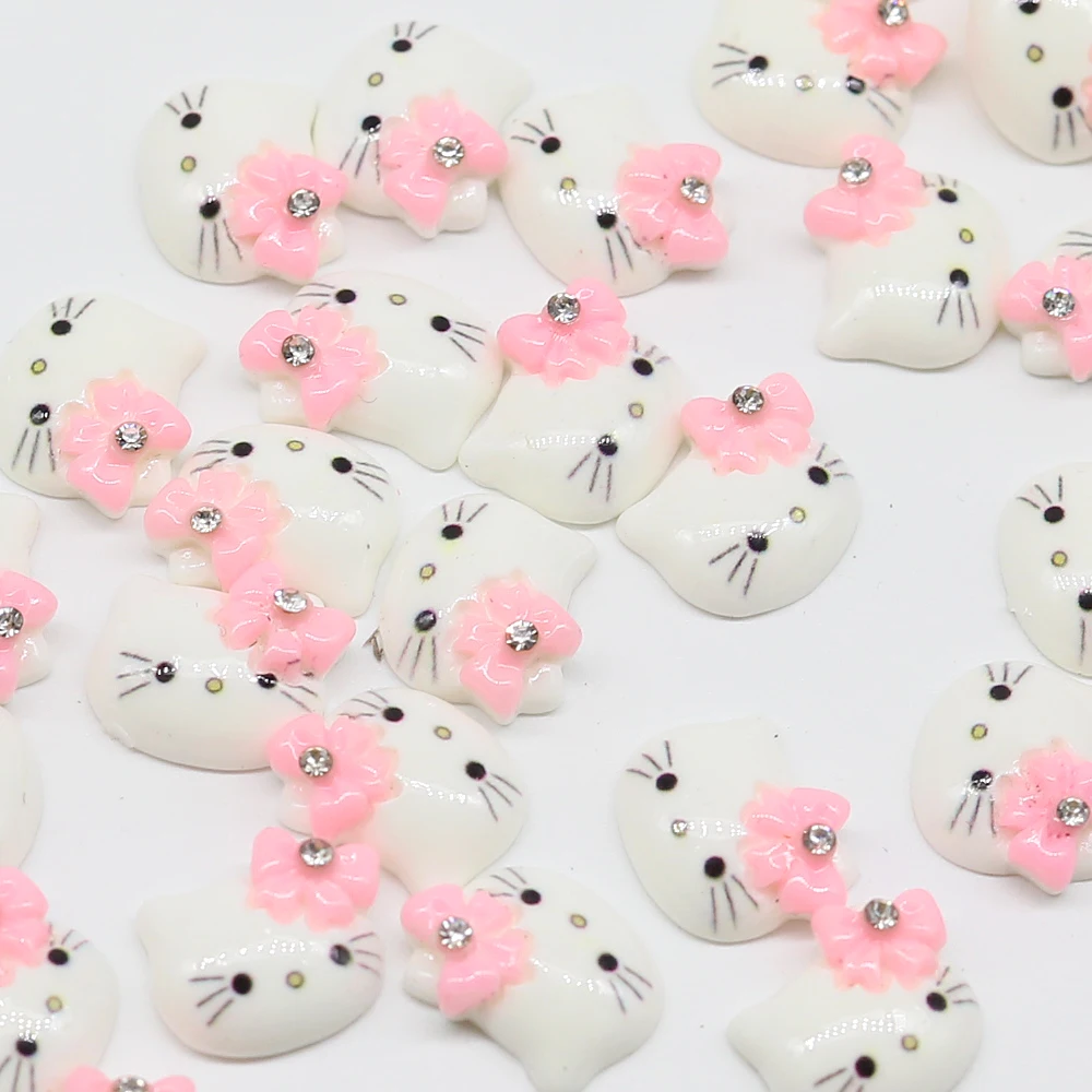 

150pcs Light Pink Kitty w/ Rhinestone Bow Kawaii Resin Cabochons 15mm Flat Back, Hair Clips, Embellishment, DIY Decoration