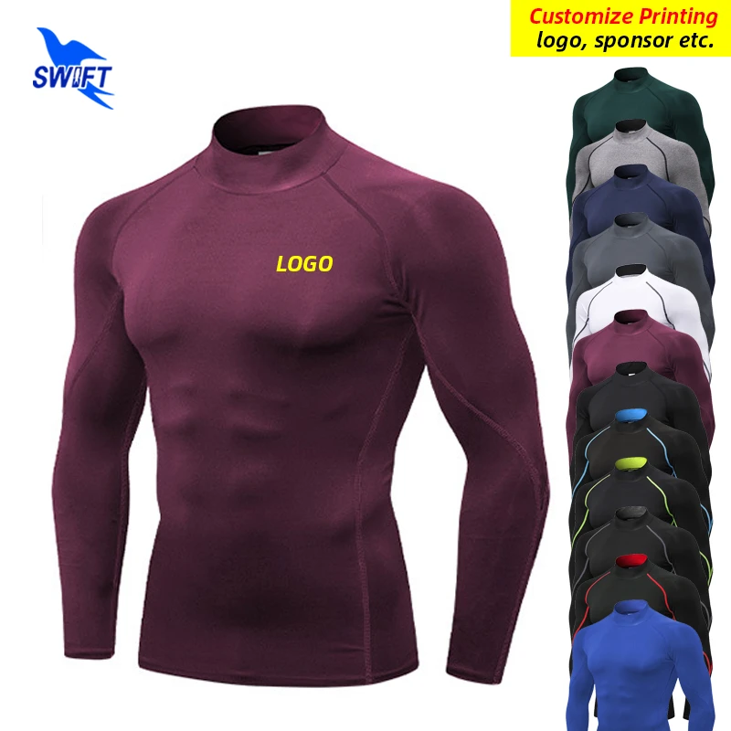 Customized LOGO Running Shirts Men Gym Rashguard Stand Collar Long Sleeve T-Shirt Quick Dry Fitness Compression Sportswear Top