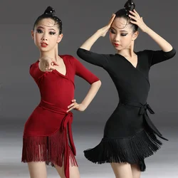 Children Latin Dance Dress 2025 News Tassel Dance Dress Fringed Tango Salsa Ballroom Kids Dresses for Girls Costume Competition