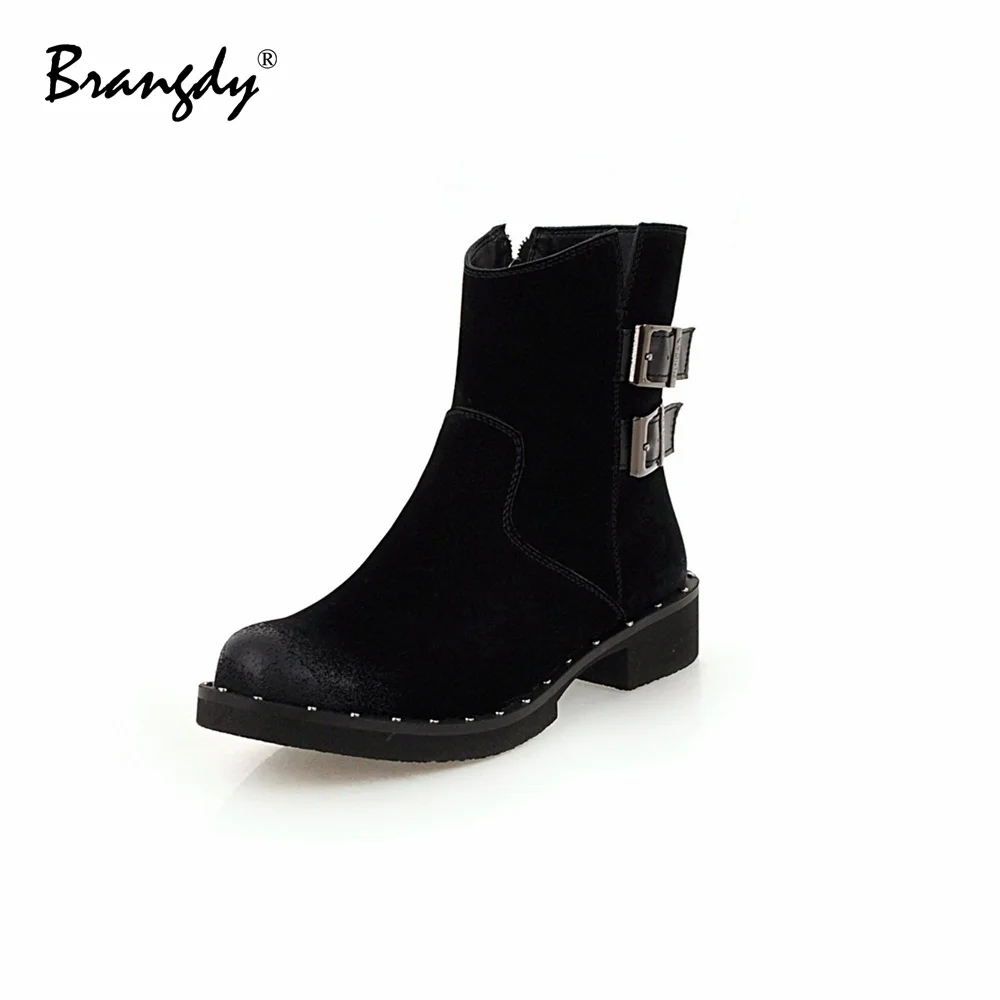 

Brangdy Fashion Women Boots Faux Suede Belt Buckle Women Shoes Round Toe Mix Color New Womens Winter Ankle Boots Zipper