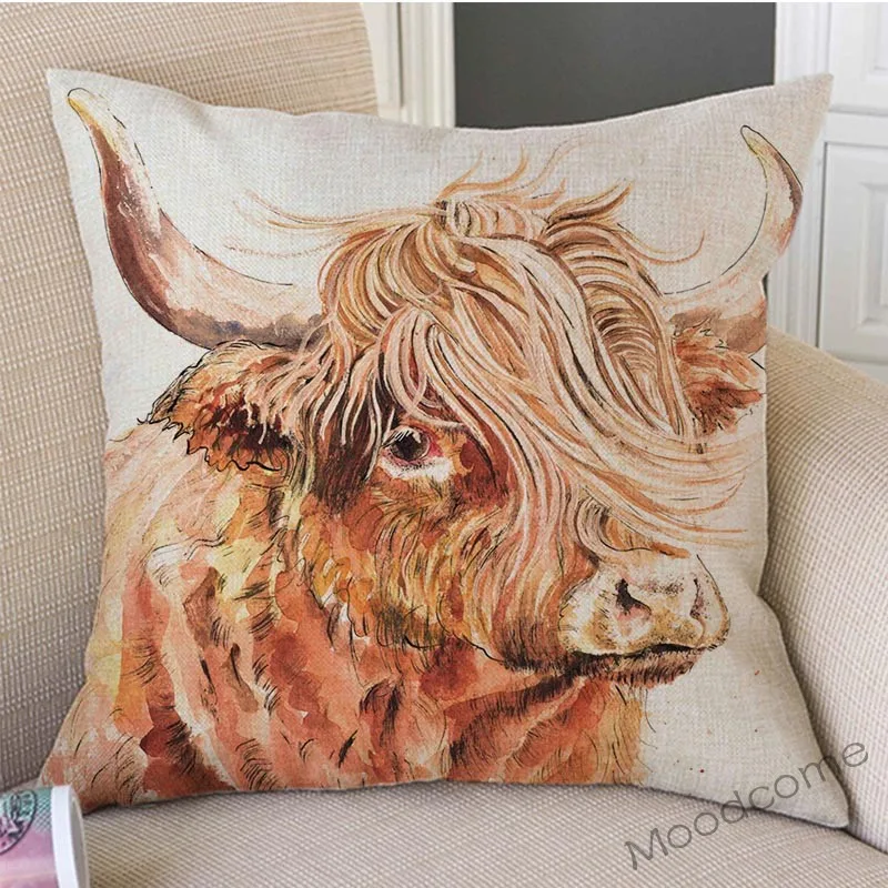 Watercolor Splash Art Scotland Highland Cow Yak Long Hair Cattle Sofa Throw Pillow Case Cotton Linen Cushion Cover Home Decor