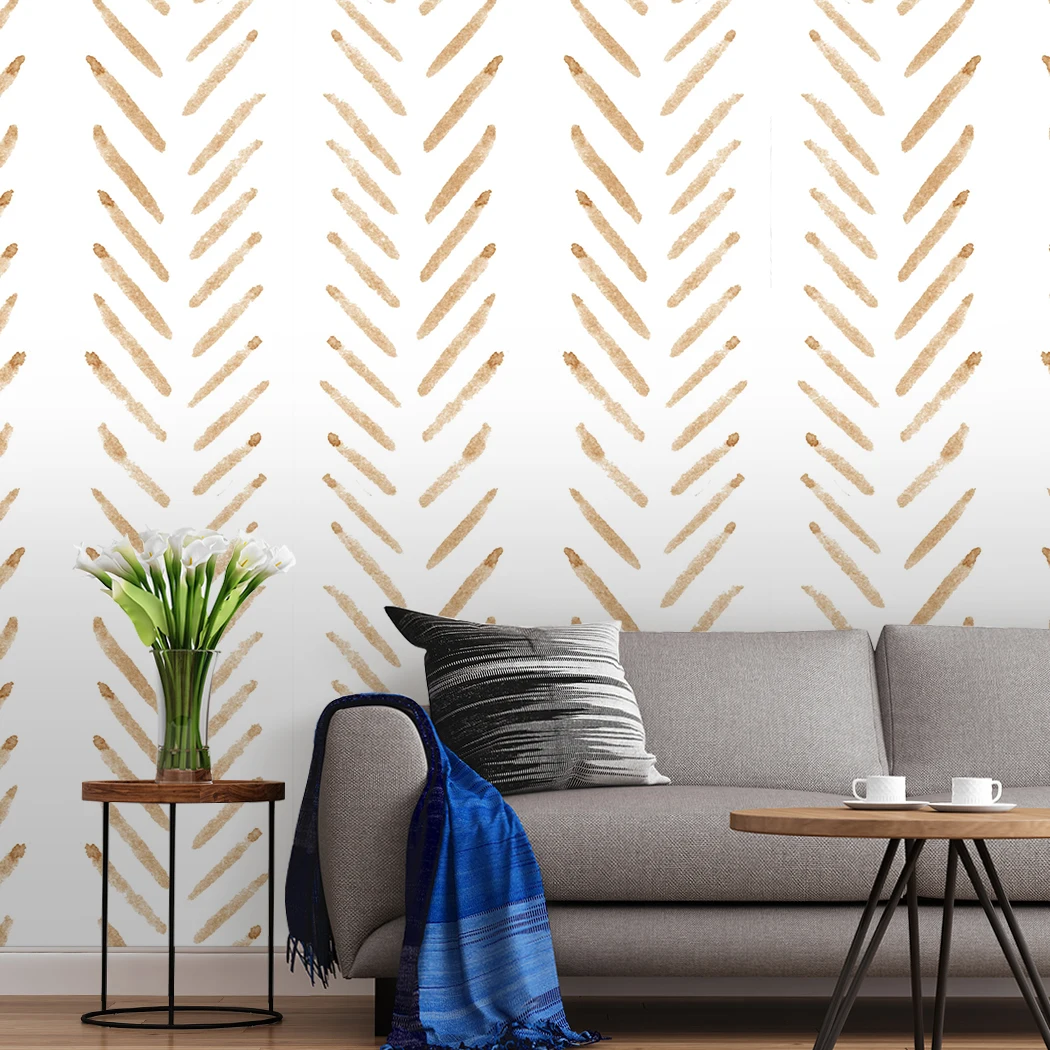 Vinyl Hand Painting Herringbone Lines Peel And Stick Wallpaper Beige/White Self Adhesive Wallpaper Bathroom For Home Wall Decor