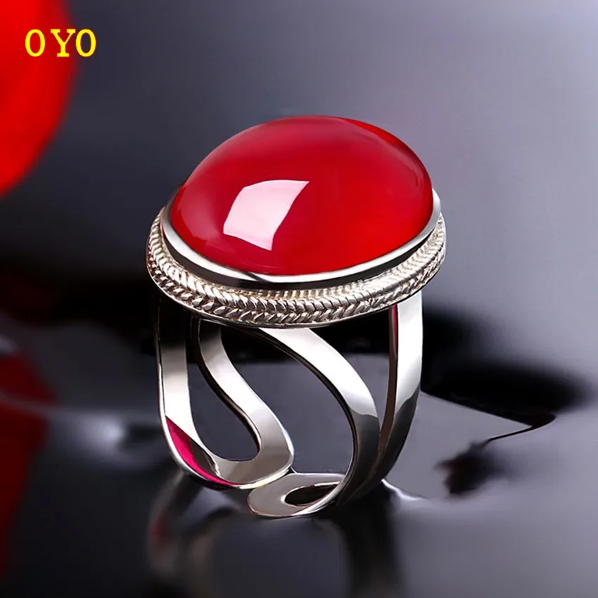 

S925 sterling silver ring opening red corundum large banquet major suit fashion women's ring