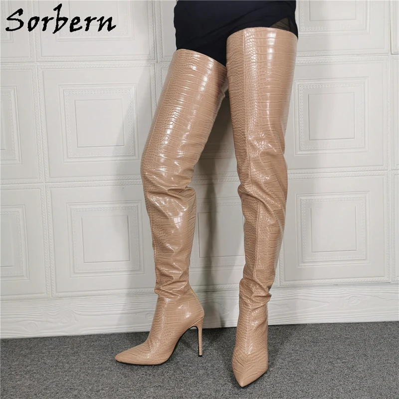 Sorbern-bottes Nude Crocodile pour femmes, bottes brevetées, à bout pointu, à talons hauts, personnalisées, larges, ajustées, cuisse longue, nouvelle collection 2020