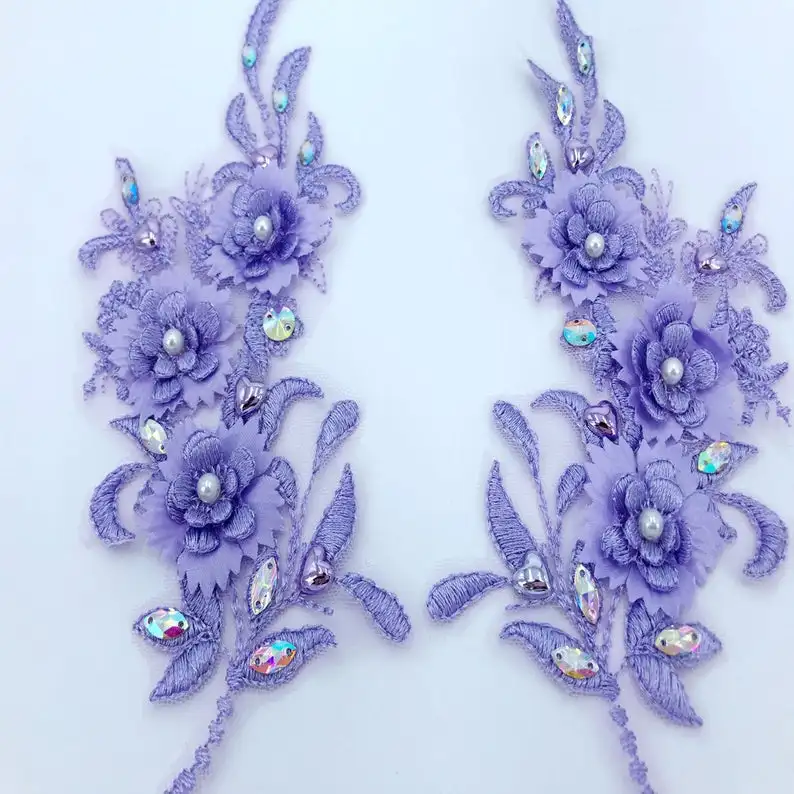 

Pale Purple Lace Applique, 3D Flowers Beaded Appliques, Rhinestone Applique, Mirror Pair Lace Motif, Wedding Bridal Decor Price: