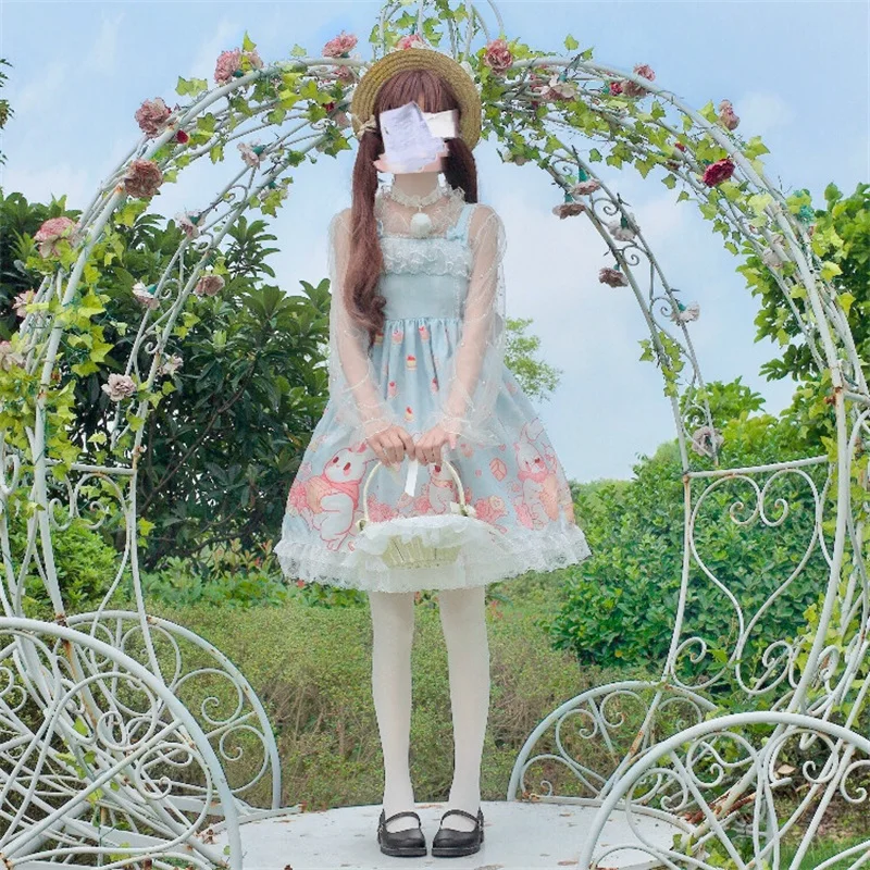 Imagem -05 - Japonês Lolita Sweety Feminino Jsk Vestido Kawaii Gola Quadrada Bandagem Arco Impressão dos Desenhos Animados sem Mangas Rendas Babados Camisola Vestido