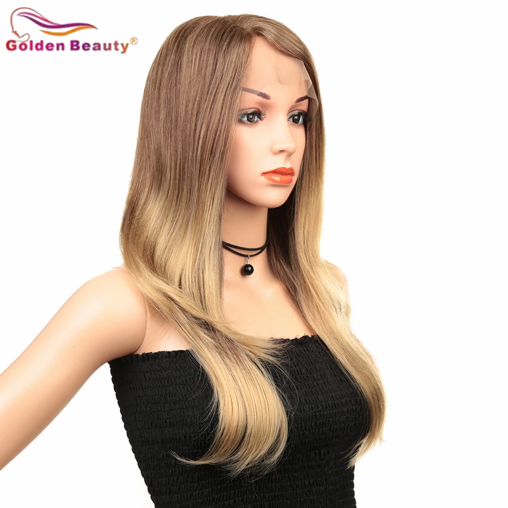 Golden Beauty Synthetic Tpart Lace Wigs For White Women Long Straight Wig Heat Resistant Hair Wigs Light Brown Blonde Natural