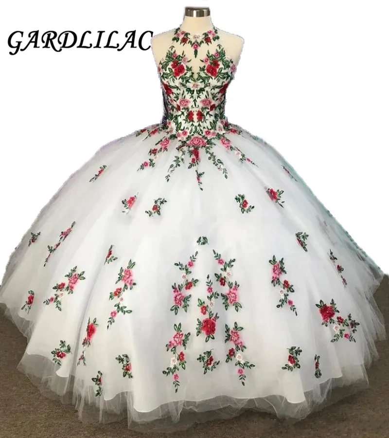 Gardlilac 2020 белое бальное платье Quinceanera платья с вышивкой цветы прозрачная ткань на шее, открытая спина Sweet 16 Платья Vestidos