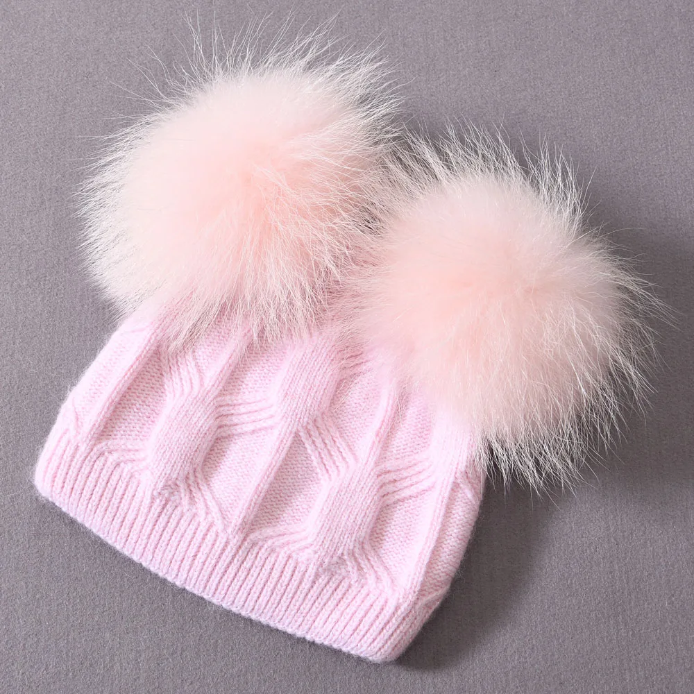 Winter Baby Cute Beanie Hats Thick Warm Double Layer Fluffy Fur Pom Pom High Quality Cashmere Knitted Beanies Hats Kids Children