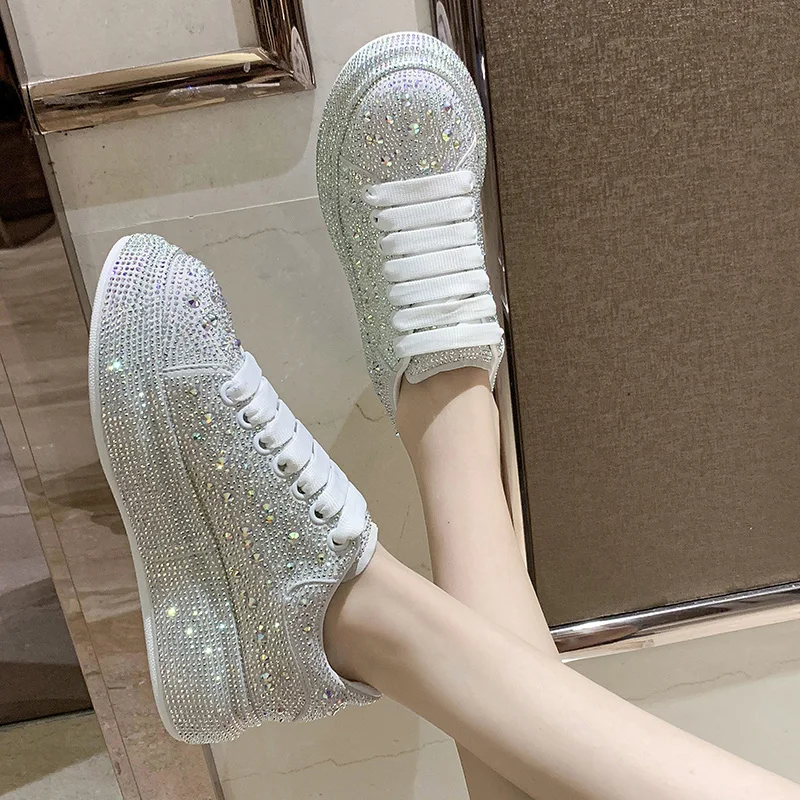 Baskets de Luxe à Plateforme pour Femme, Chaussures Décontractées, Strass, à la Mode