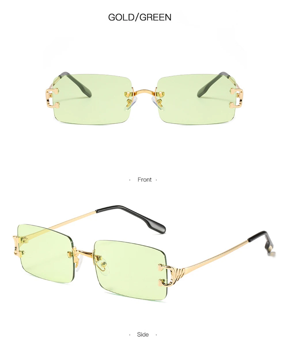 XaYbZc Blaue rechteckige Sonnenbrille, randlos, für Herren, Metall, modisch, quadratisch, Sonnenbrille für Damen, Verlaufsglas, rahmenlos, 2025, UV400 – Detail 20