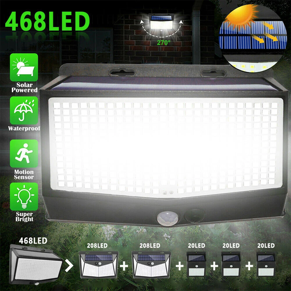 468 LED Solar Light Human Body Sensor IP65 Waterproof Outdoor Solar Powered Lamp Automatic Adjust Brightness Garden Street Light