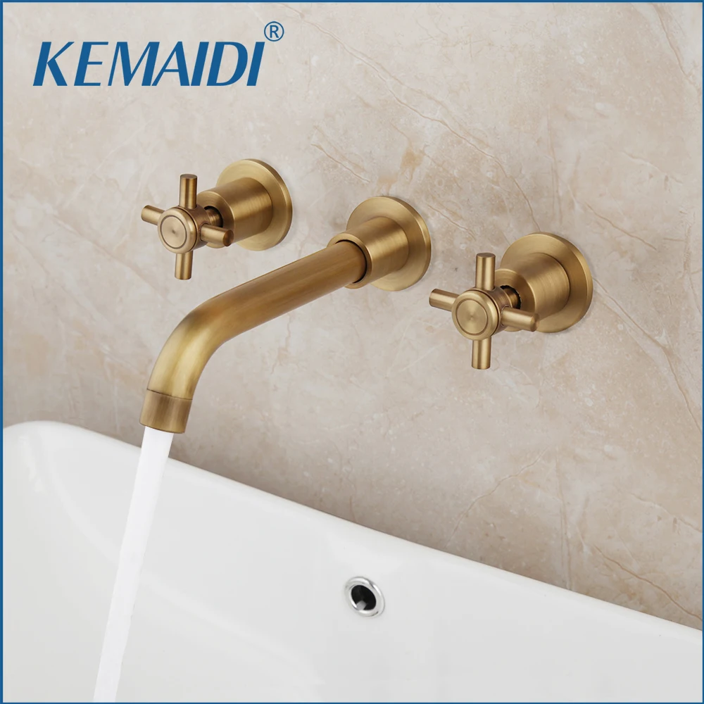 

KEMAIDI Basin Faucets Luxury Antique Brass Retro Vintage Wall Mounted Bathroom Faucet 3 Pcs 2 Handle Lavatory Sink Mixer Taps