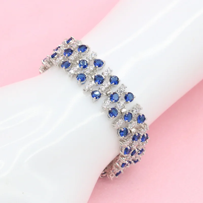 New Design Royal Blue Stones Necklace Sets Silver Color Wedding Jewelry for Women Earrings Ring Bracelet Gift Box