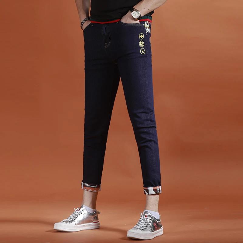 Men's Embroidery Blue Stretch Jeans Summer Fashion Casual Spliced Slim Fit Ankle-Length Pants