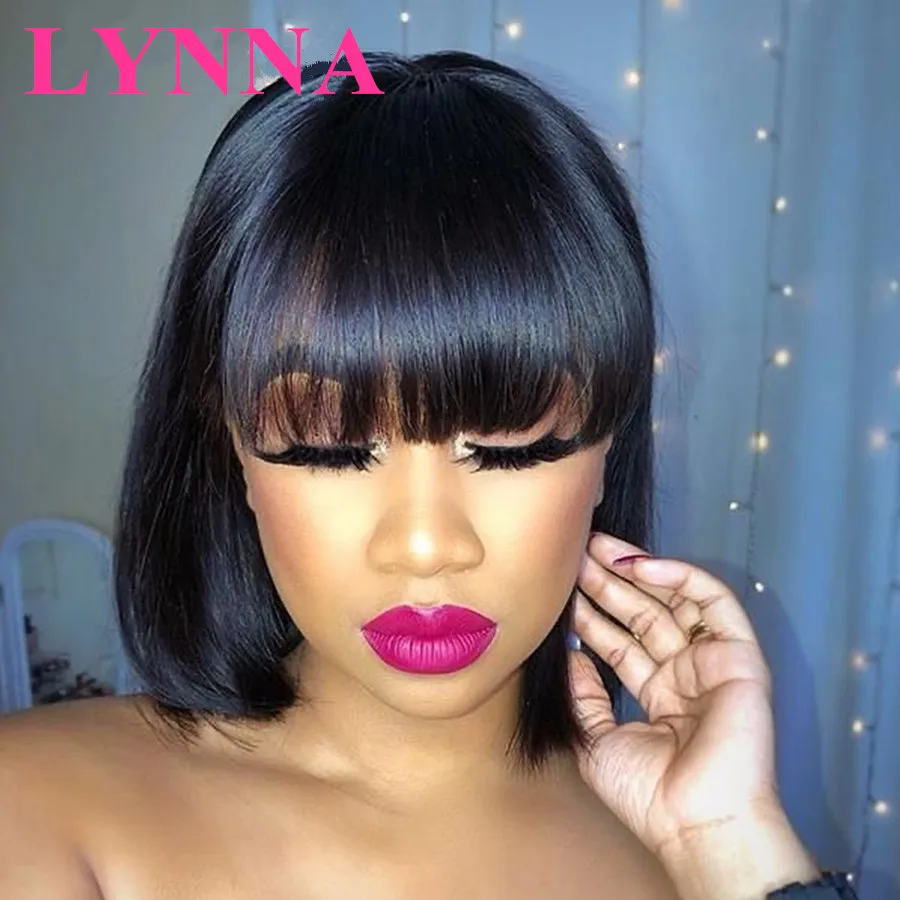 Short Bob Wig With Bangs100% Human Hair Wig With Bangs Straight Brazilian Hair Wig For Black Women Perruque Cheap Human Hair Wig