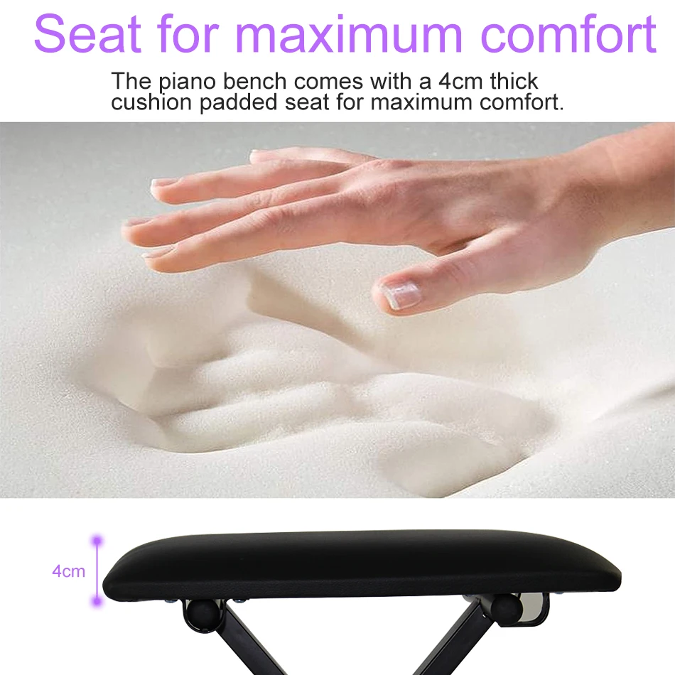 Piano Bench  Keyboard Bench Height Adjustable Foldable X-Style Padded Stool Chair Seat Cushion With Anti-Slip Rubber