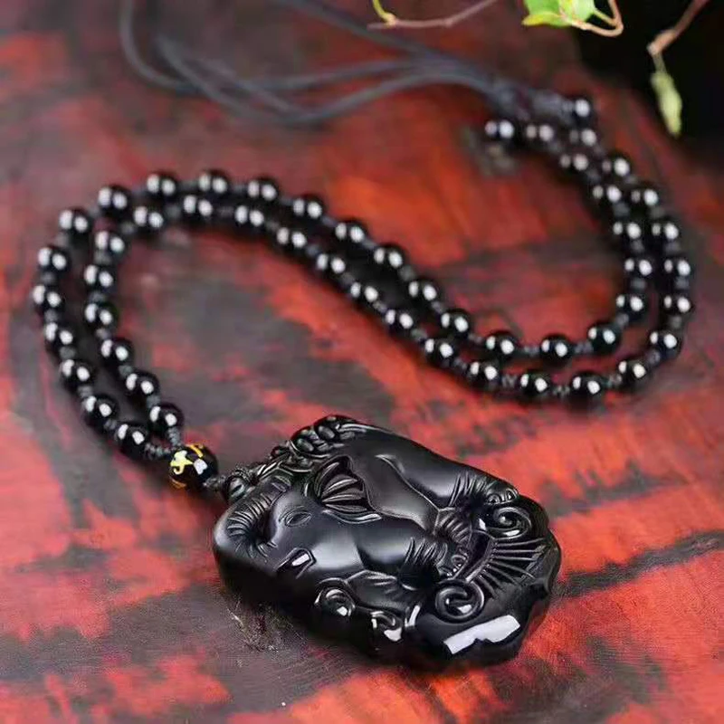 Natural Obsidian Pendants Necklace Mother Baby Cute Elephant Lucky Pendant With Natural Stone Beaded Chains Fashion Woman Man