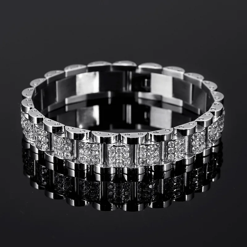 Micro Paved AAA Cubic Zirconia Bling Iced Out Stainless Steel Watch Band Link Chain Bracelet Men Hip Hop Rapper Jewelry