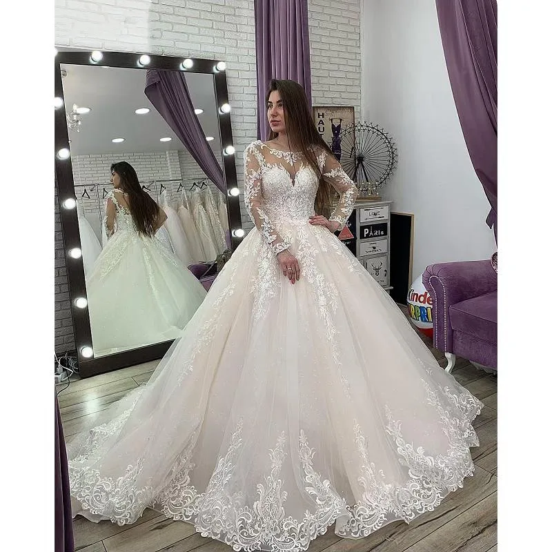 Vestidos de novia de encaje de marfil, tul de manga larga, vestido de bola largo hasta el suelo, vestido de novia, tren de la campana, hecho a medida