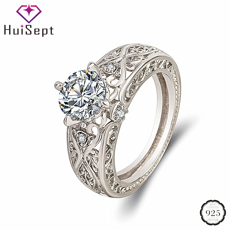 

HuiSept Fashion 925 Silver Ring for Female Round Zircon Gemstones Rings Jewellery Wedding Promise Gift Ornaments Rose Gold Color