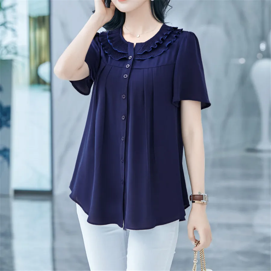 Women Blouses Basic Selling Button Solid 2023 summer short Sleeve Shirt Female Chiffon Women\'s Slim Clothing Plus Size Tops