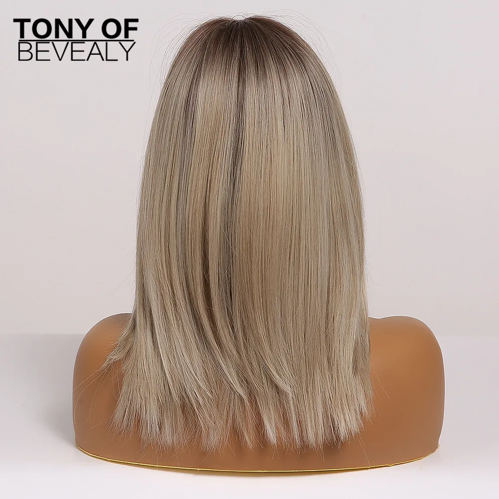 Medium Length Ombre Brown to Blonde Straight Hair Wigs with Bangs Synthetic Wigs for Women Cosplay Heat Resistant Natural Wigs