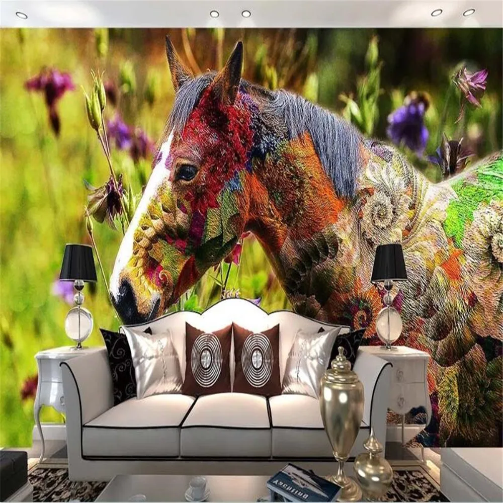 Milofi wall custom 3D wallpaper mural European oil painting style flowers horses colorful flying background wall mural