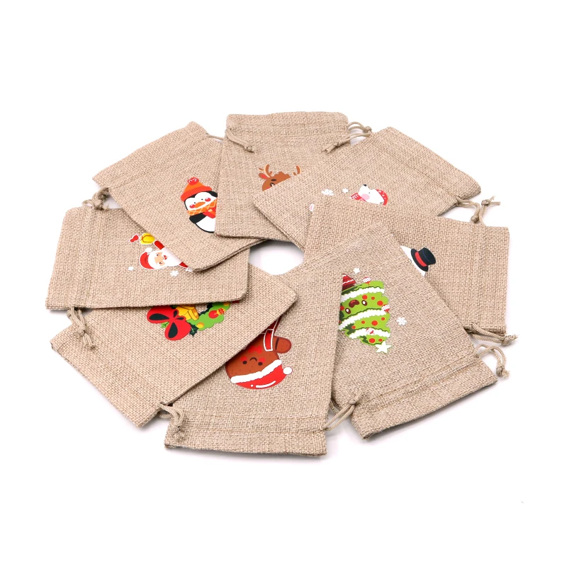 5pcs Jewelry Packaging Gift Jute Bag 10x14cm Burlap Drawstring Flax Candy Pouches Snow Man Printing Linen Bag Pouches