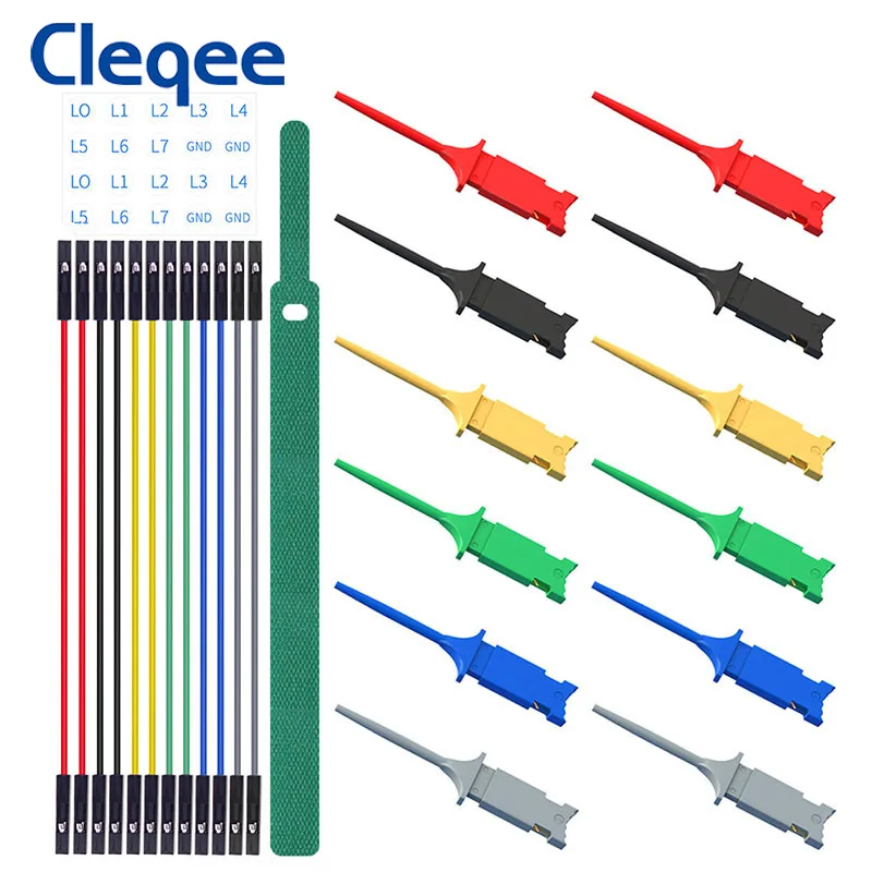 

Cleqee P1513D Mini Grabbers Silicone Jumper Wire SMD IC Test Hook Clips with Test Leads Kit for Electrical Breadboard Testing