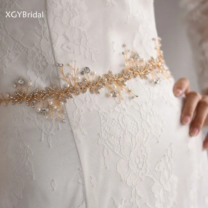 ร้อนขายชุดแต่งงานเข็มขัด Rhinestone Sash อย่างเป็นทางการโลหะผสมใบเข็มขัด Bridal อุปกรณ์จัดงานแต่งงาน