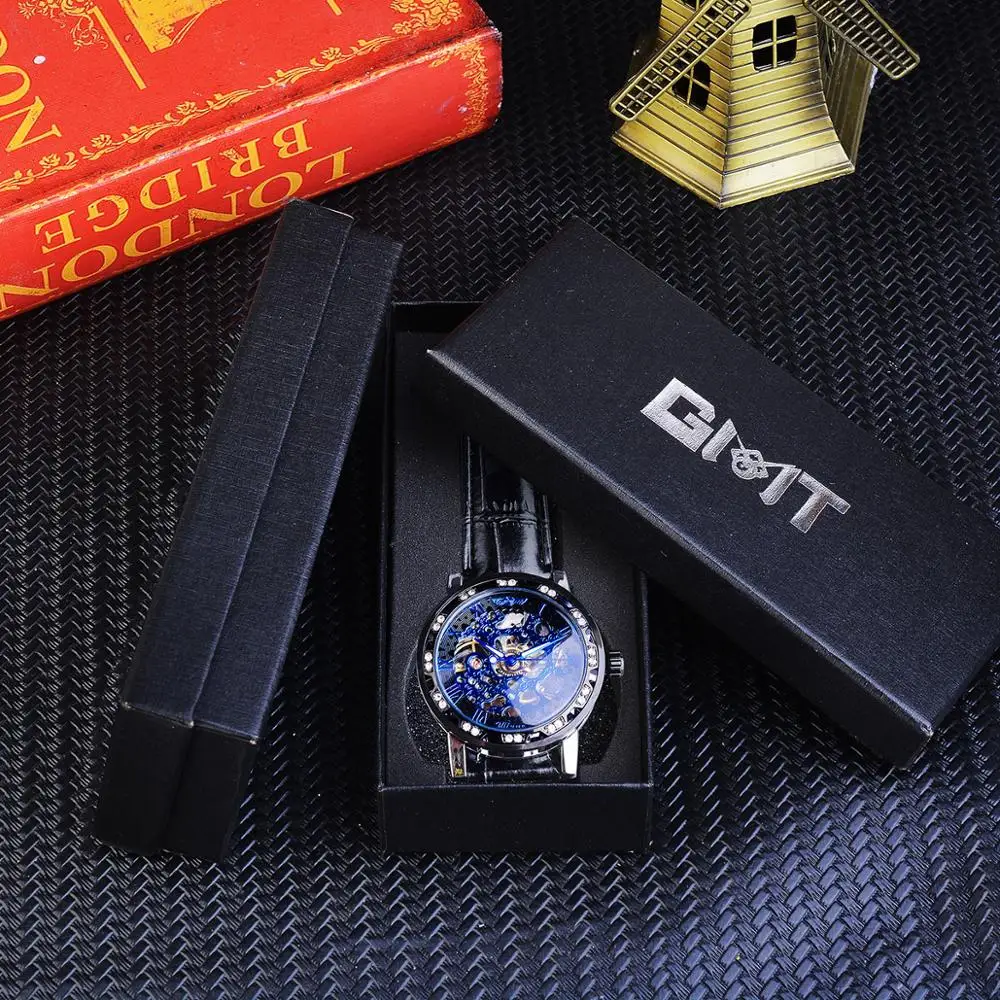 Gewinner Steampunk Diamant Luxus Display Leuchtzeiger Blaues Zifferblatt Herren Mechanische Skelton Armbanduhr Top Marke Luxus Männliche Uhr