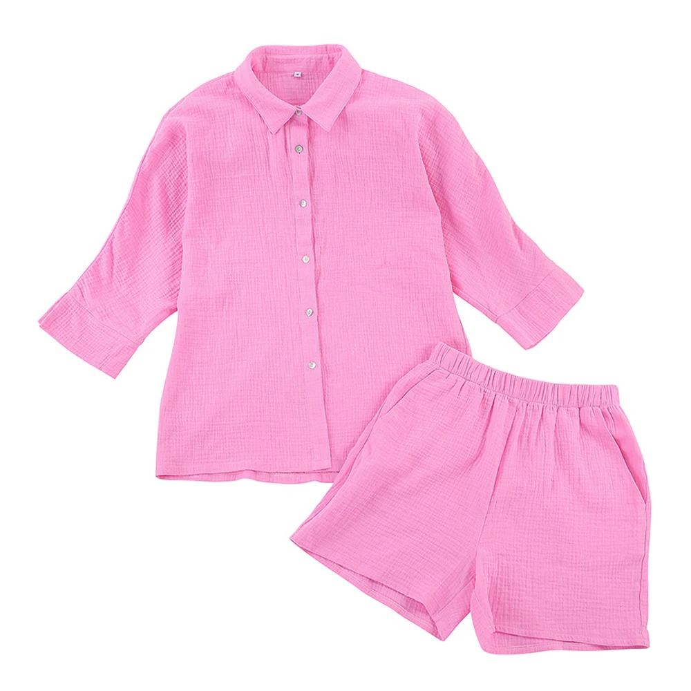 Conjuntos de pijamas de algodão feminino, conjuntos de pijamas, gola virada para baixo, manga nove quartos, tops para dormir, shorts, roupas