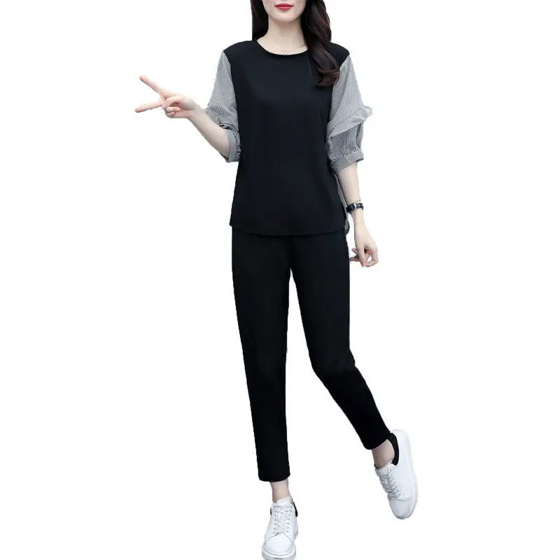 2024 Summer New Women Single Piece/Suit Sports Style Female Wear Belly Stripe Set T-Shirt Top Round Neck Two-Piece 2PCS