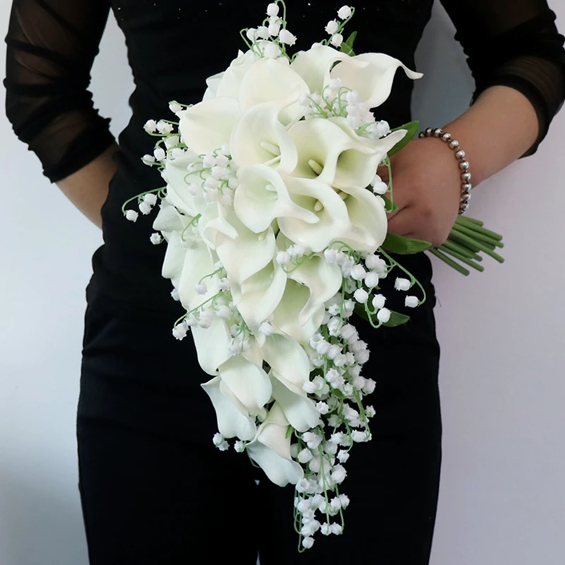 Whitney Wedding Collection Fake Calla Lily Lilies of the Valley Cascading Bridal Bouquet Waterfall Style Flores Para Casamento