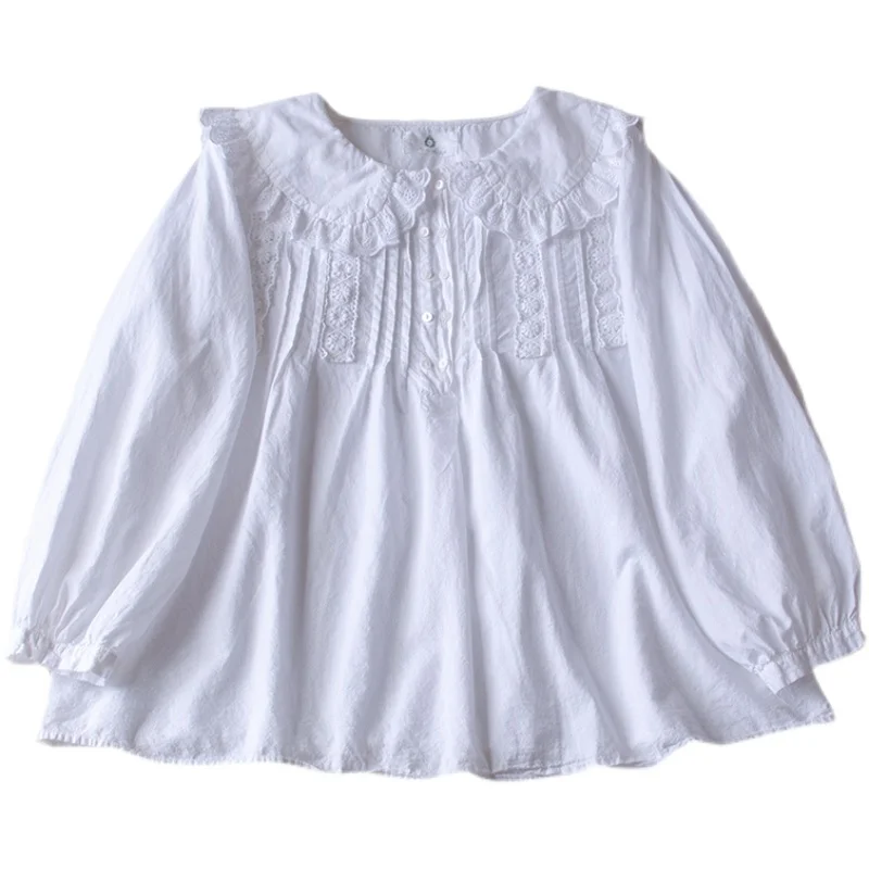 TIYIHAILEY Free Shipping 2021 New Spring Autumn Cotton Tops Women Tees White Japan Style Loose Embroidery Turn Down Collar