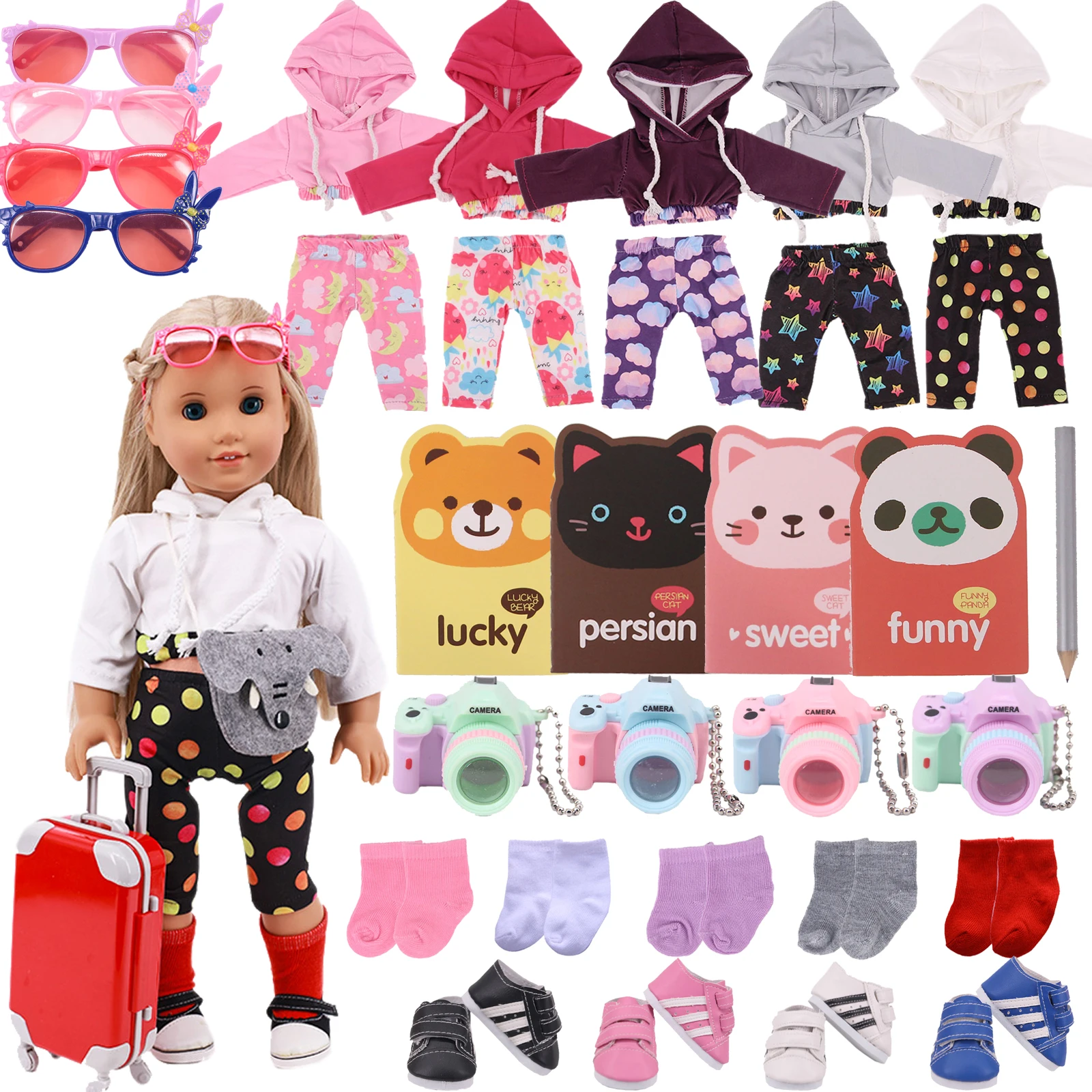 

Doll Clothes 18Inch Girls Hoodie Travel Set Cute Kitty Accessories For 43Cm New Born Baby Outgoing Suitcase 8 Items/Set Play Toy