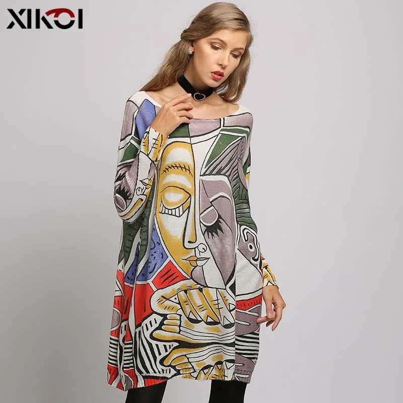 XIKOI Wool Oversized Sweater For Women Winter Warm Long Pullover Dresses Fashion Print Jumper Casual Knitted Sweaters Pull Femme