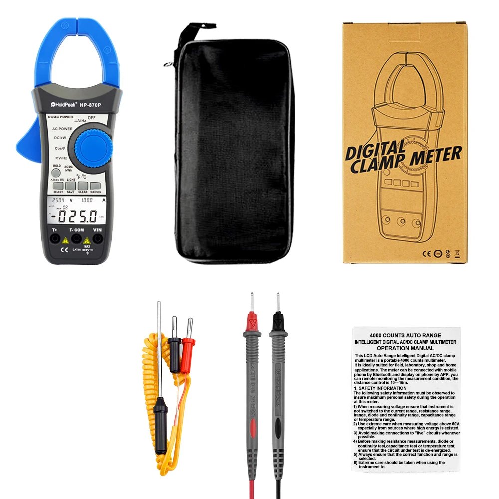 HoldPeak HP-870P-AC/DC Power Clamp Meter, Voltmeter and Ammeter, 999.9A, Electronic Multimeter with Active Energy Diagnostic