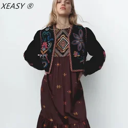 XESAY Women Winter Jacket 2022  Embroidery Coat Long Sleeve Outerwear O-Neck  Vintage Open Stitch  Casual Velvet Waist Coat