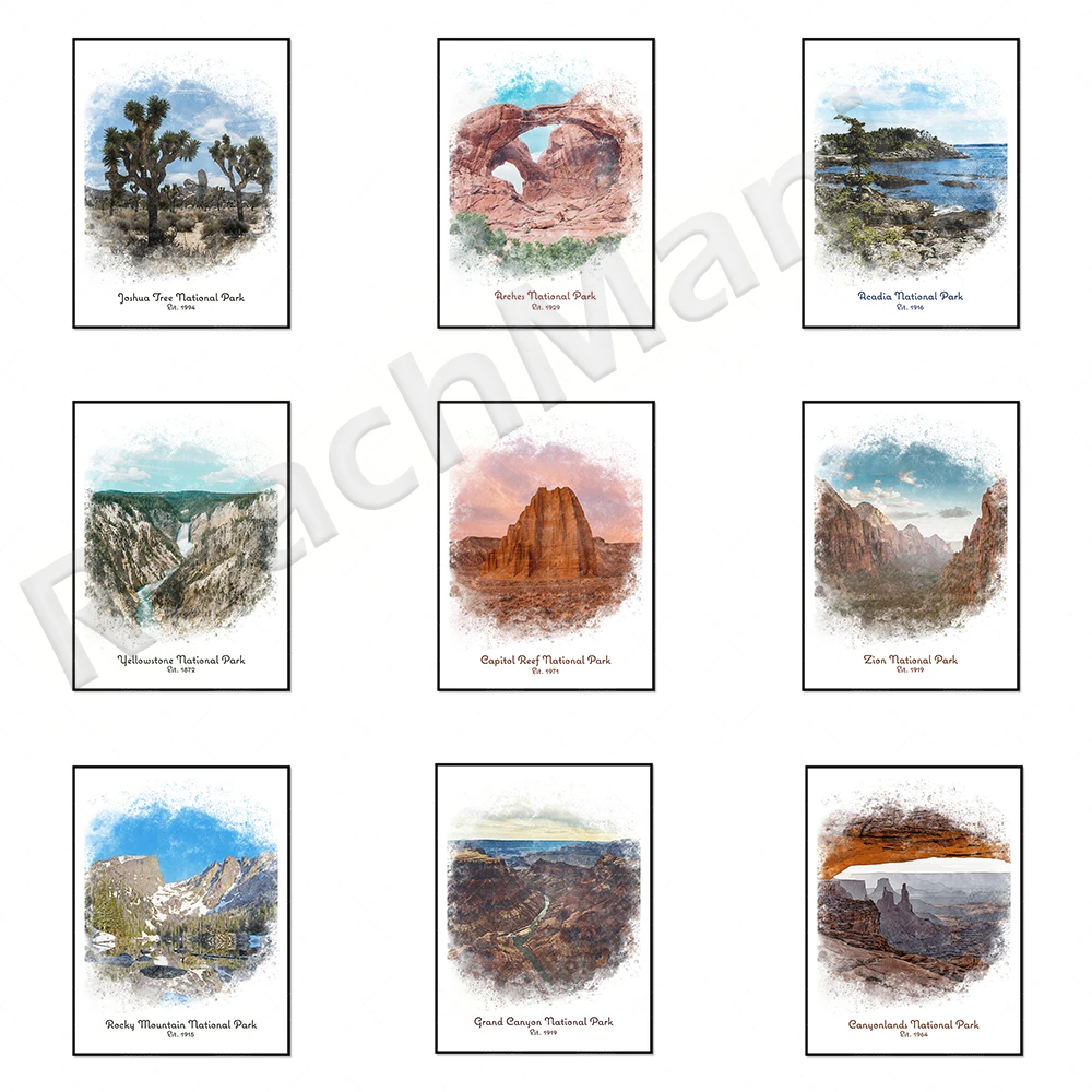 Crater Lake, Yosemite, Grand Teton, Great Smoky Mountains, Zion National, Sequoia National, Glacier National Park travel poster,