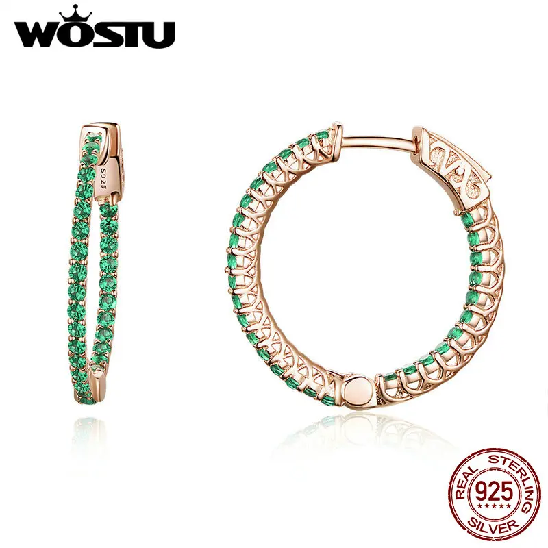 WOSTU Luxury Brand  925 Sterling Silver Round Green Earrings For Women Fashion Hoop Earrings CZ Women Jewelry Party Gift CQE511